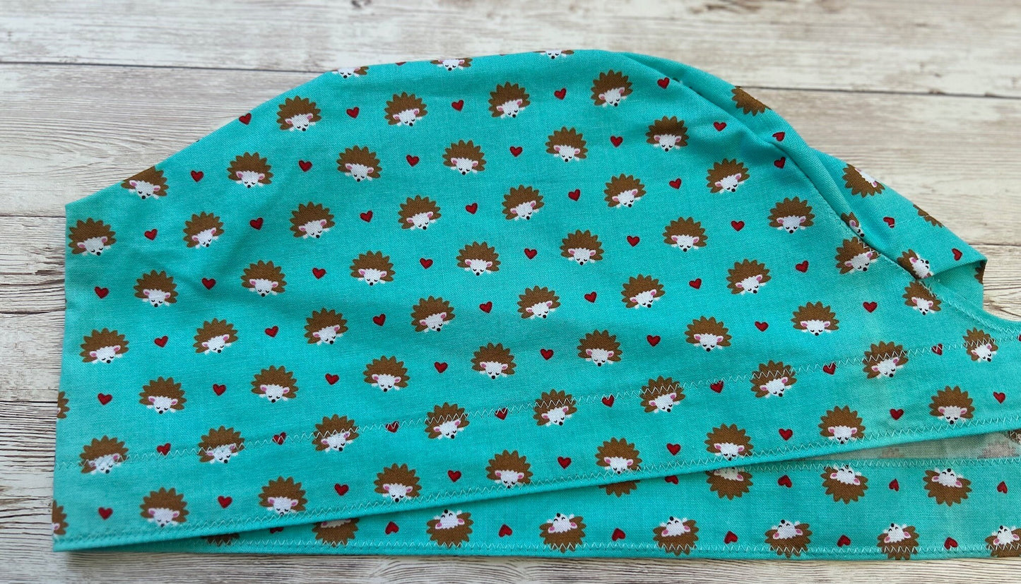 Aqua Hedgehogs Cotton Scrub Cap with Ties and optional buttons