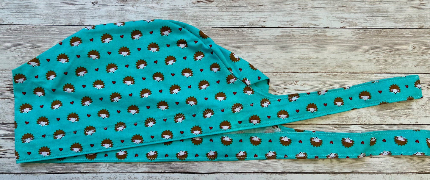 Aqua Hedgehogs Cotton Scrub Cap with Ties and optional buttons