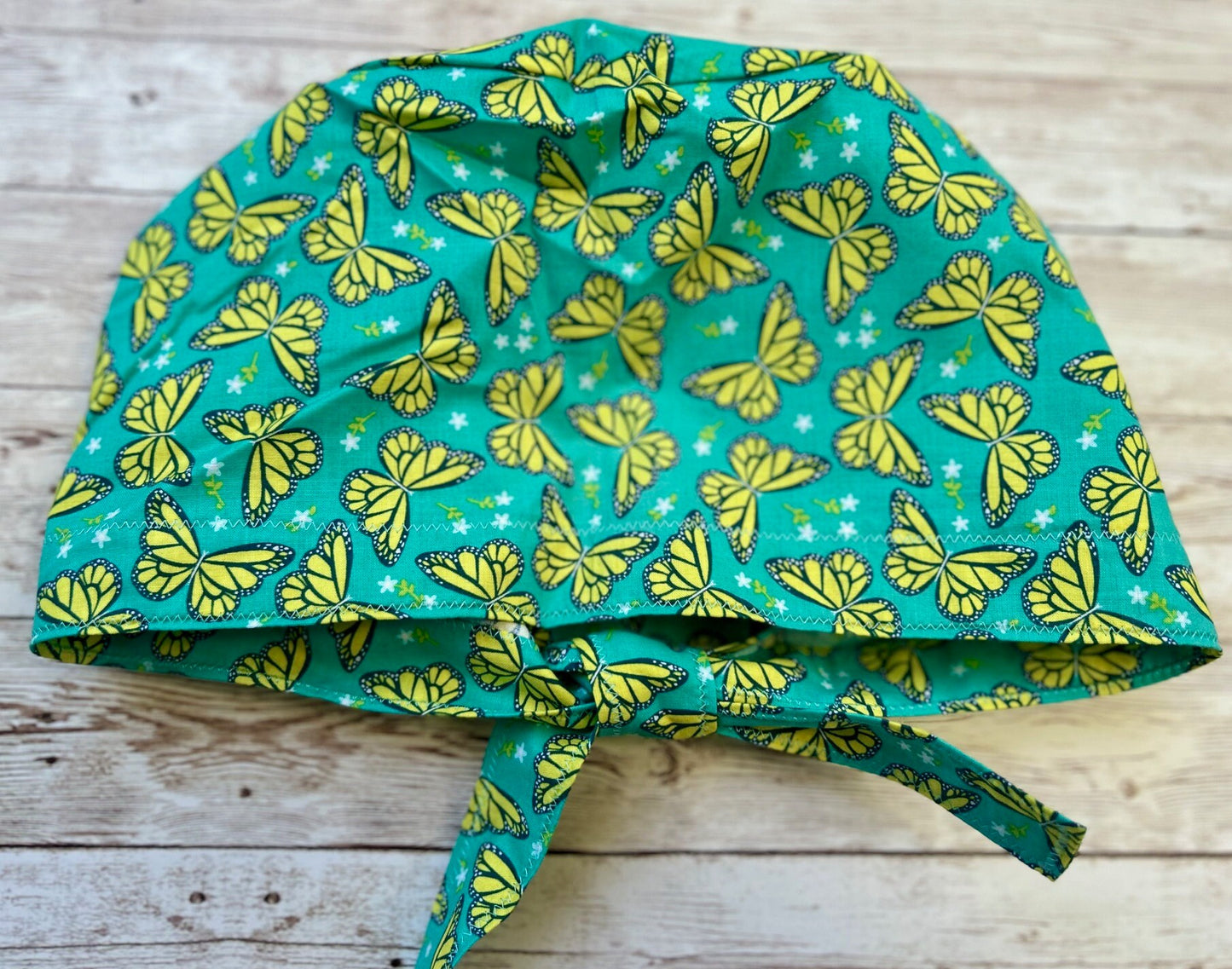 Aqua Yellow Butterflies Cotton Scrub Cap with Ties and optional buttons