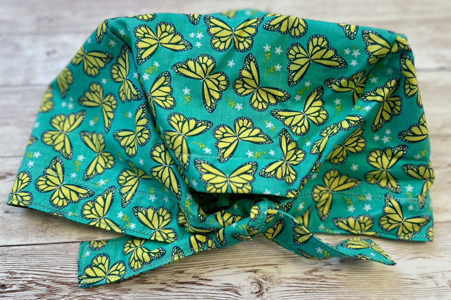 Aqua Yellow Butterflies Cotton Scrub Cap with Ties and optional buttons