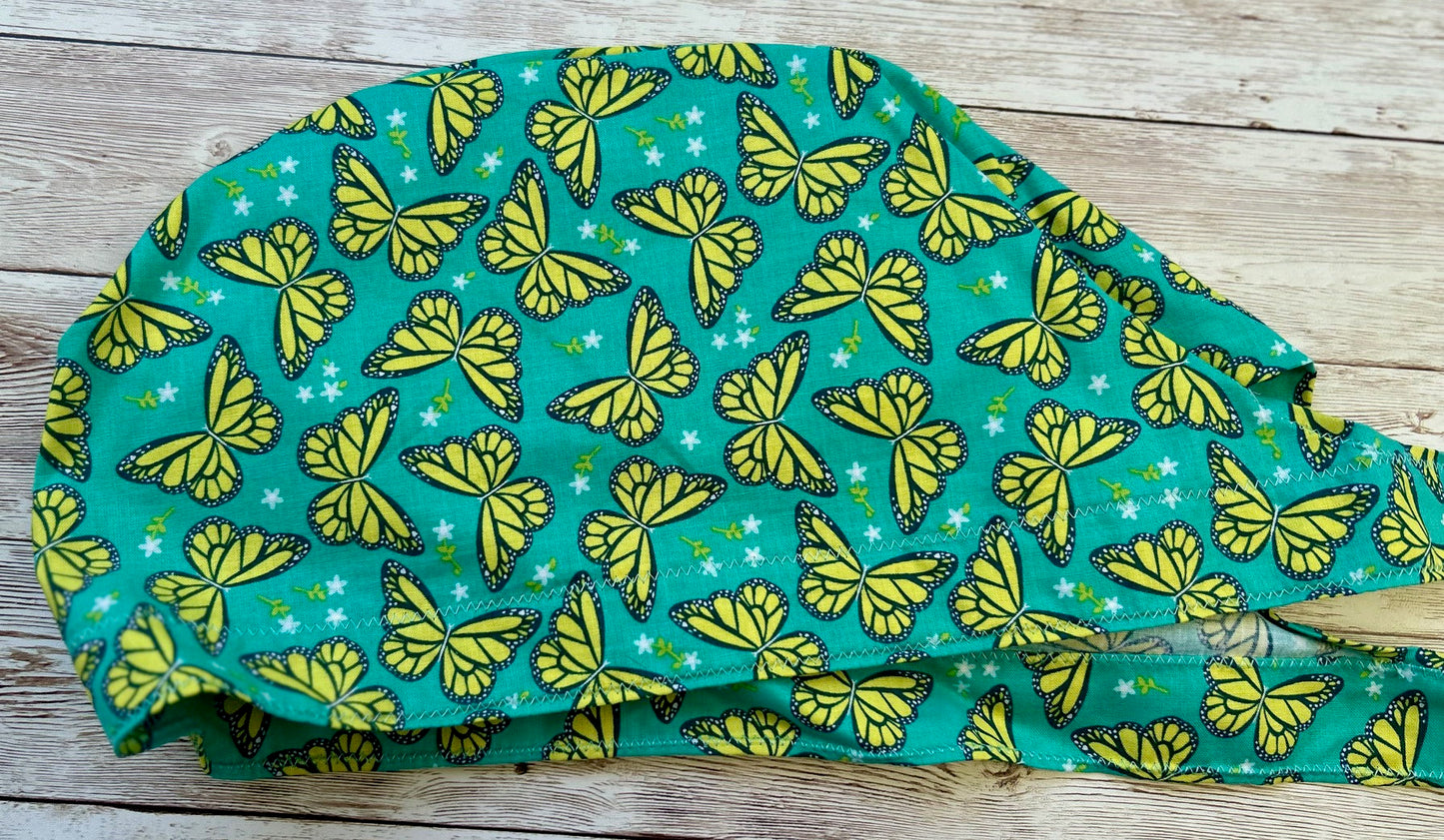 Aqua Yellow Butterflies Cotton Scrub Cap with Ties and optional buttons