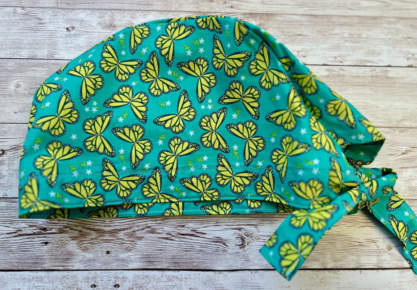 Aqua Yellow Butterflies Cotton Scrub Cap with Ties and optional buttons