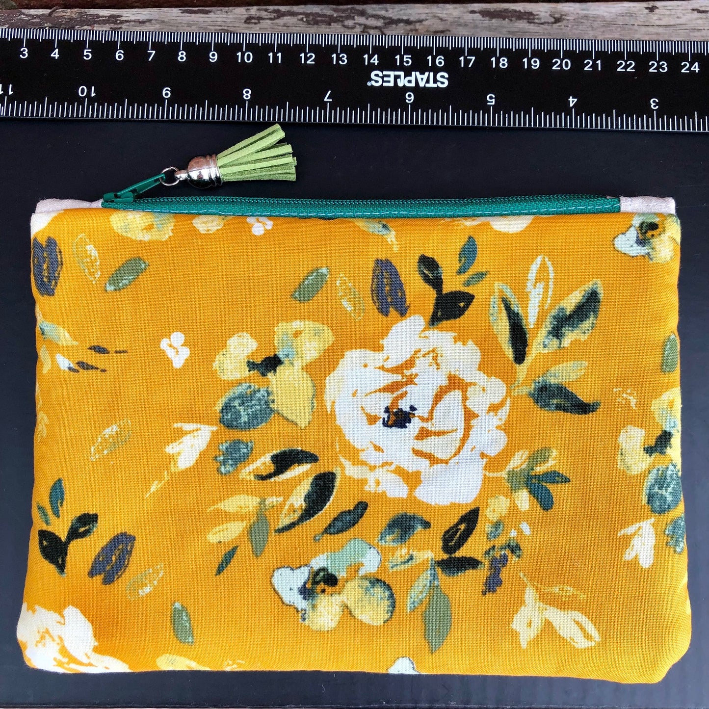 Yellow White Shabby Roses lined zipper pouch with tassel