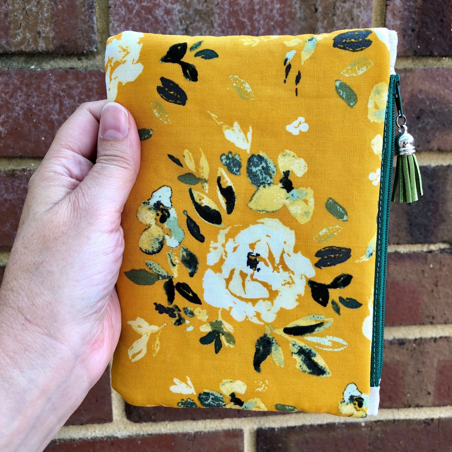 Yellow White Shabby Roses lined zipper pouch with tassel