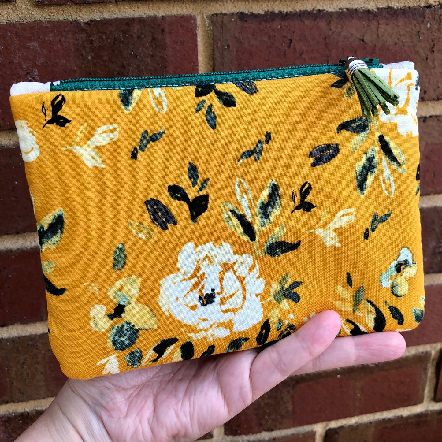 Yellow White Shabby Roses lined zipper pouch with tassel