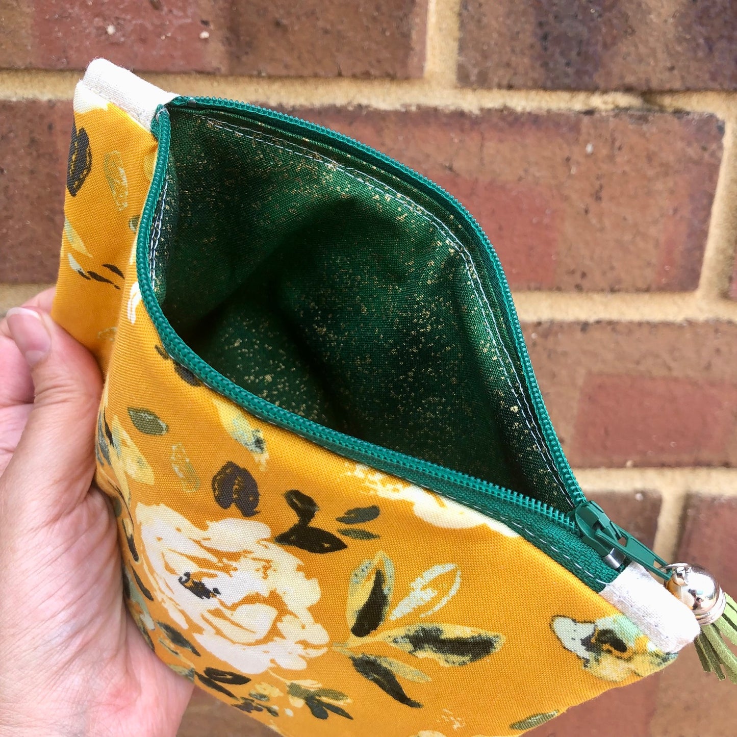 Yellow White Shabby Roses lined zipper pouch with tassel