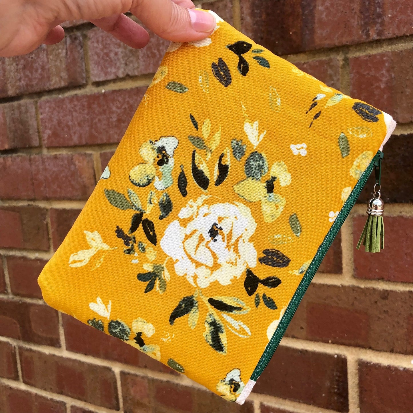 Yellow White Shabby Roses lined zipper pouch with tassel