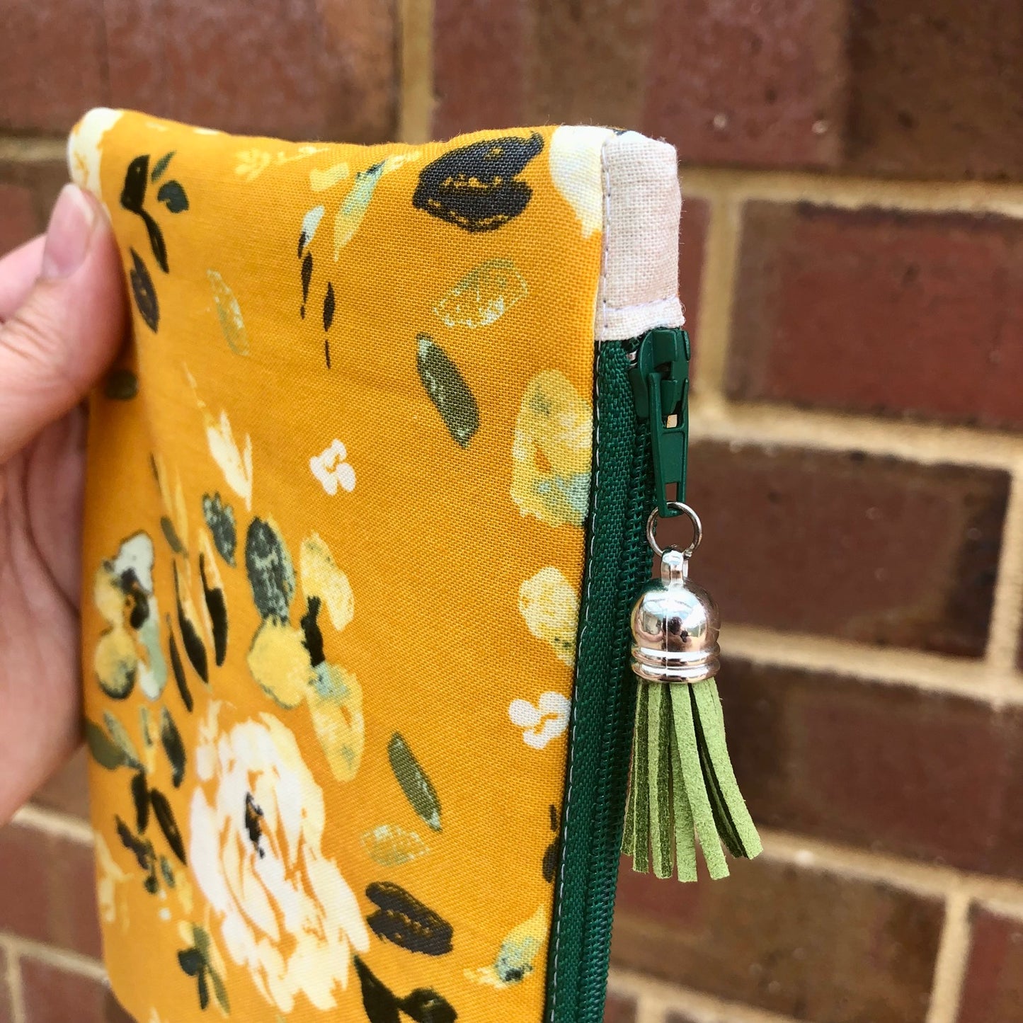 Yellow White Shabby Roses lined zipper pouch with tassel