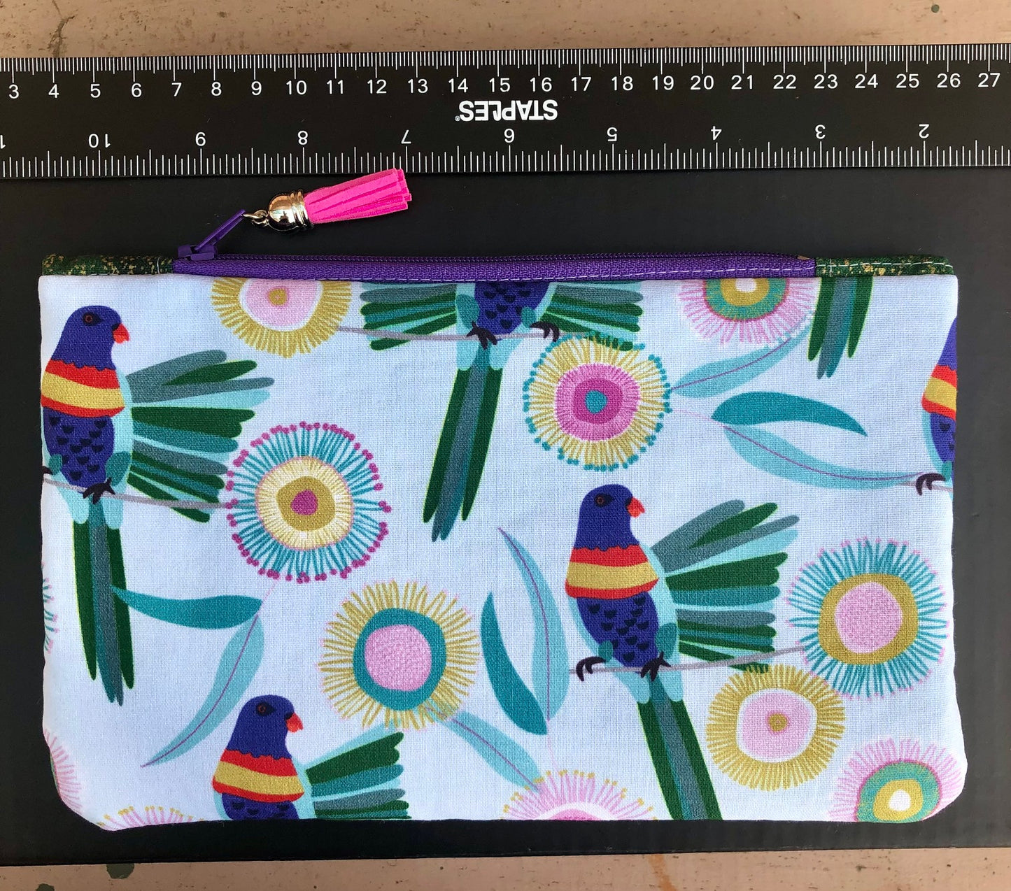 Parrot Tropical Floral lined zipper pouch with tassel