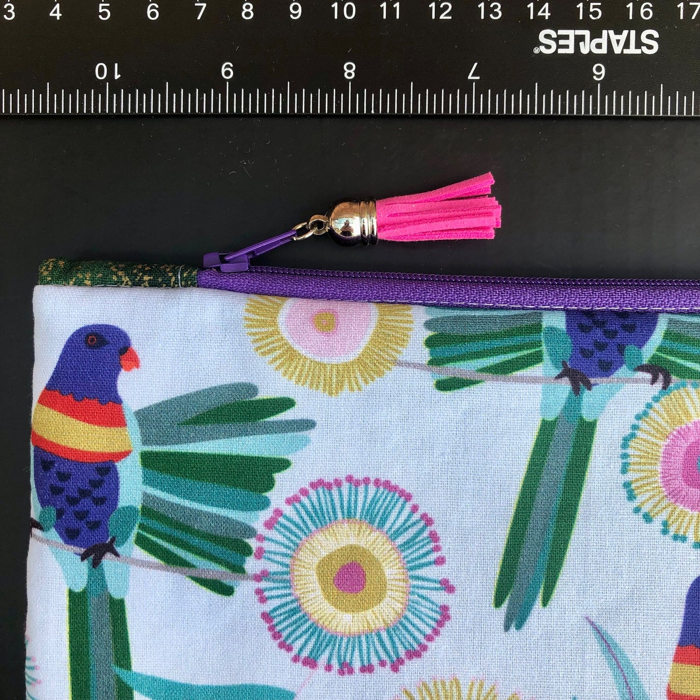 Parrot Tropical Floral lined zipper pouch with tassel