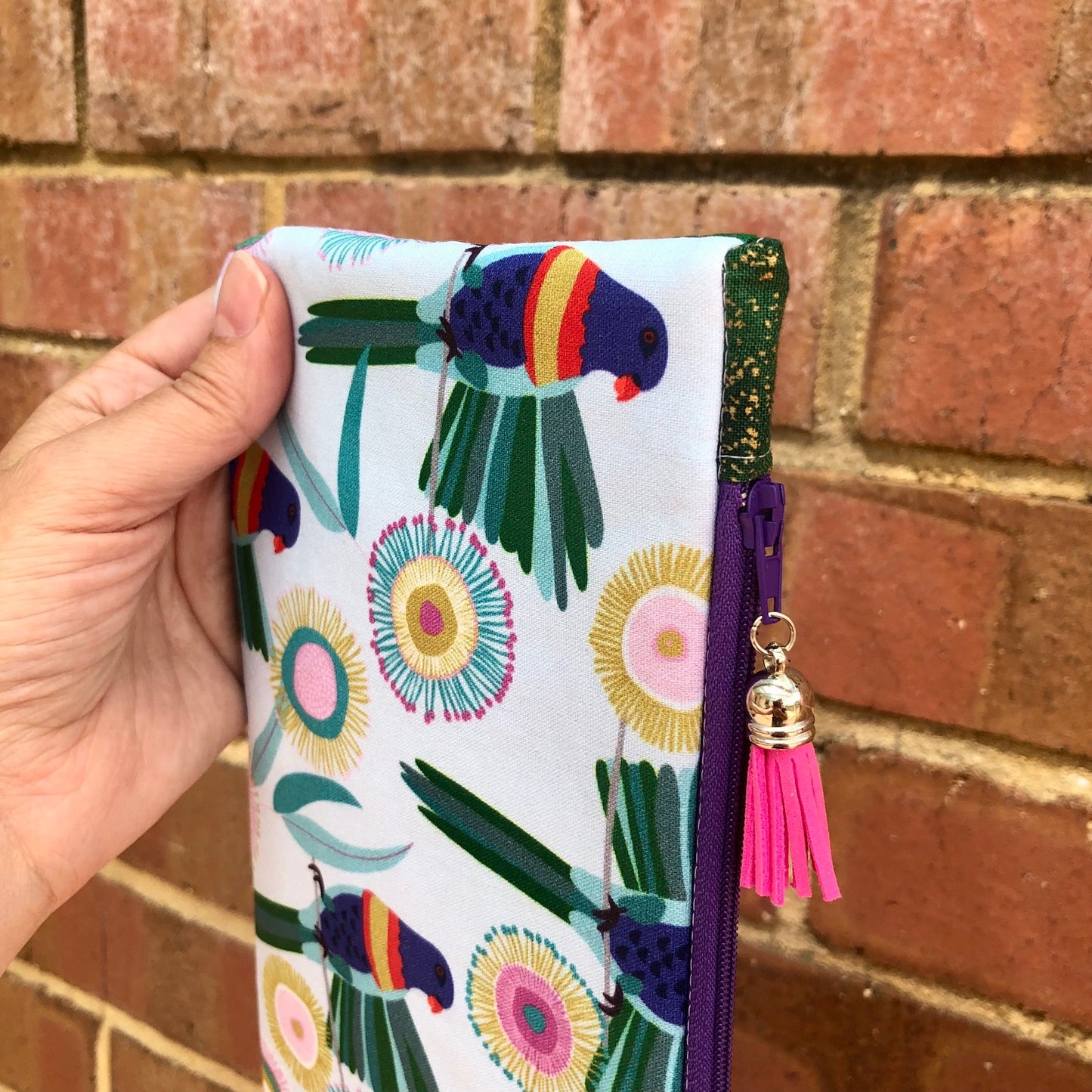 Parrot Tropical Floral lined zipper pouch with tassel