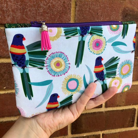 Parrot Tropical Floral lined zipper pouch with tassel