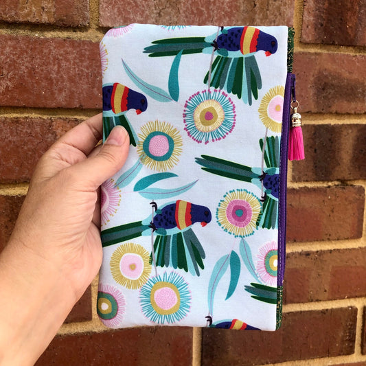 Parrot Tropical Floral lined zipper pouch with tassel