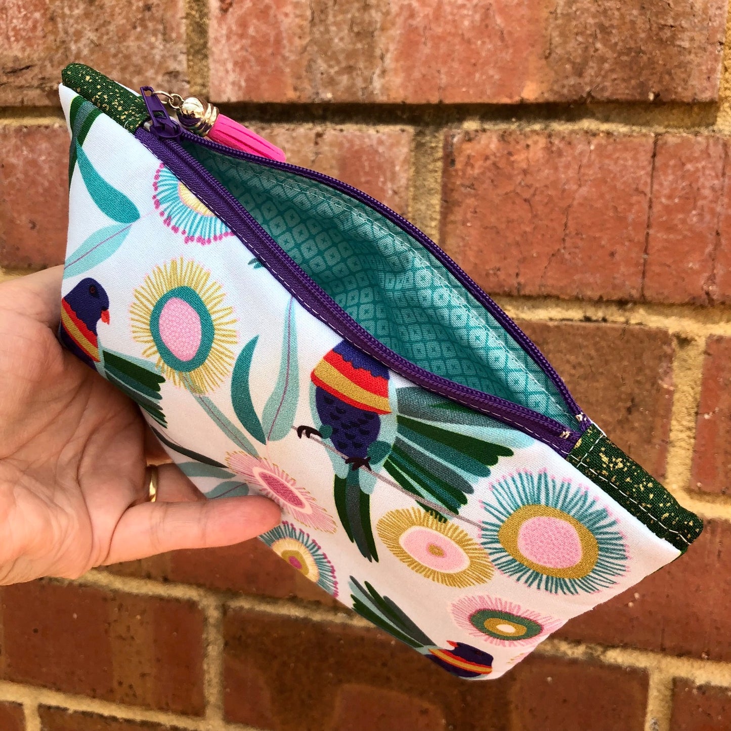 Parrot Tropical Floral lined zipper pouch with tassel