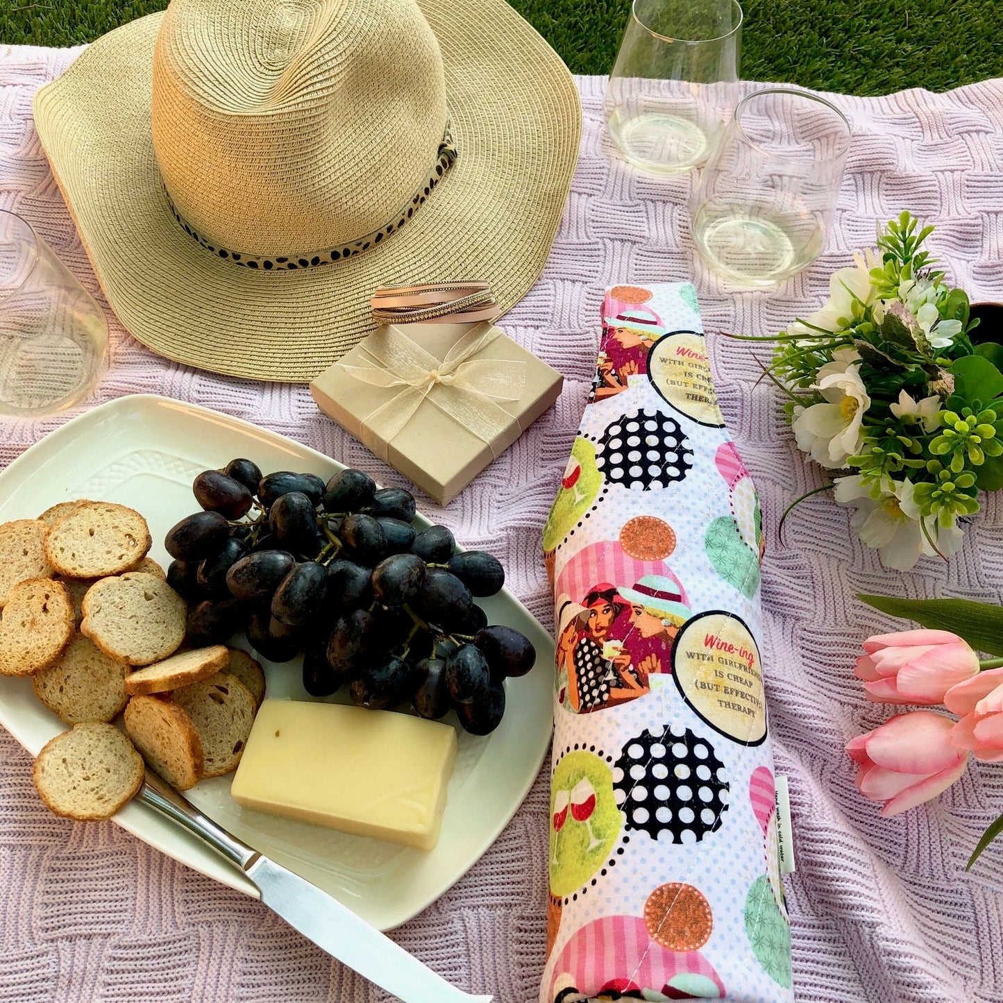 Wine With Girlfriends quilted wine bottle carry bag