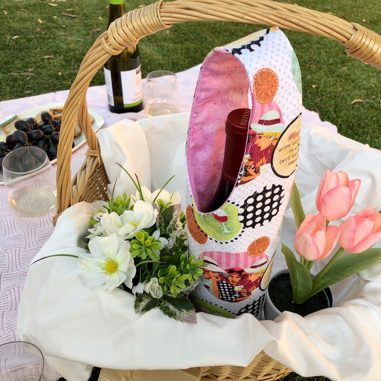 Wine With Girlfriends quilted wine bottle carry bag