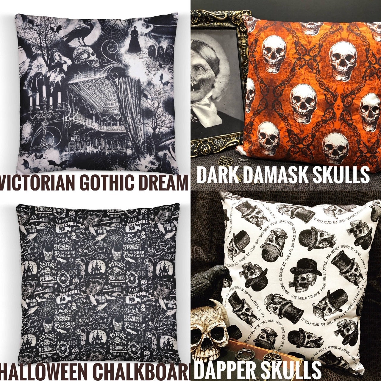 Skulls & Roses Halloween throw pillow cover