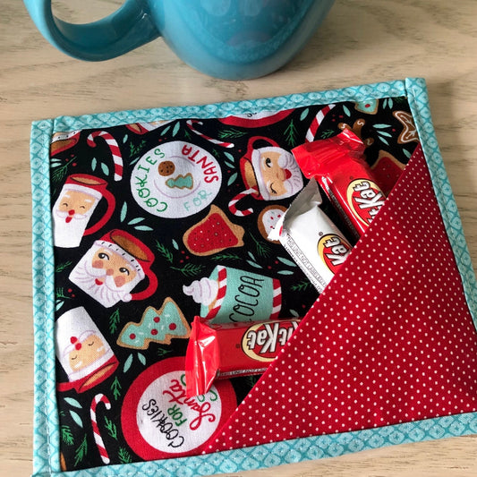 Cookies for Santa Christmas quilted mug mat with treat pocket