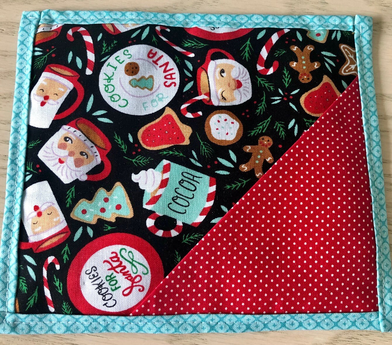 Cookies for Santa Christmas quilted mug mat with treat pocket