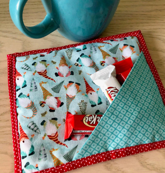 Christmas Gnomes quilted mug mat with treat pocket