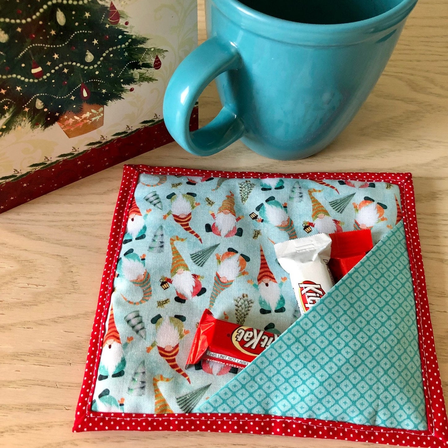 Christmas Gnomes quilted mug mat with treat pocket