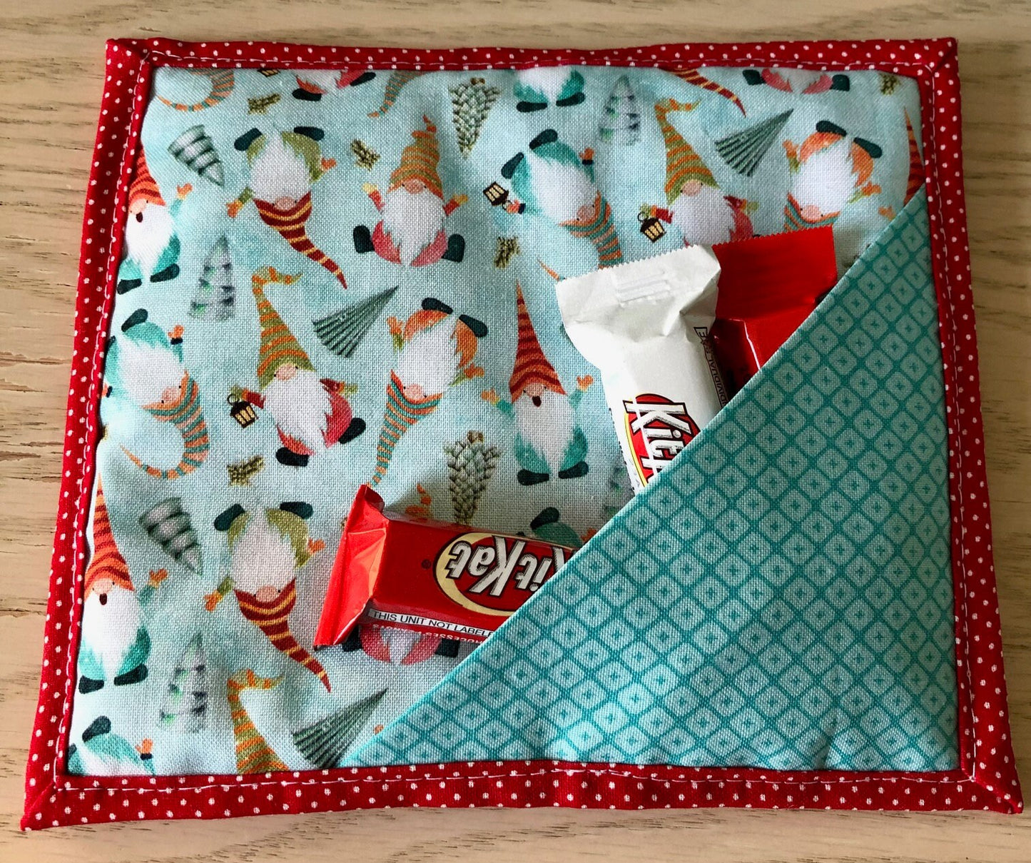 Christmas Gnomes quilted mug mat with treat pocket