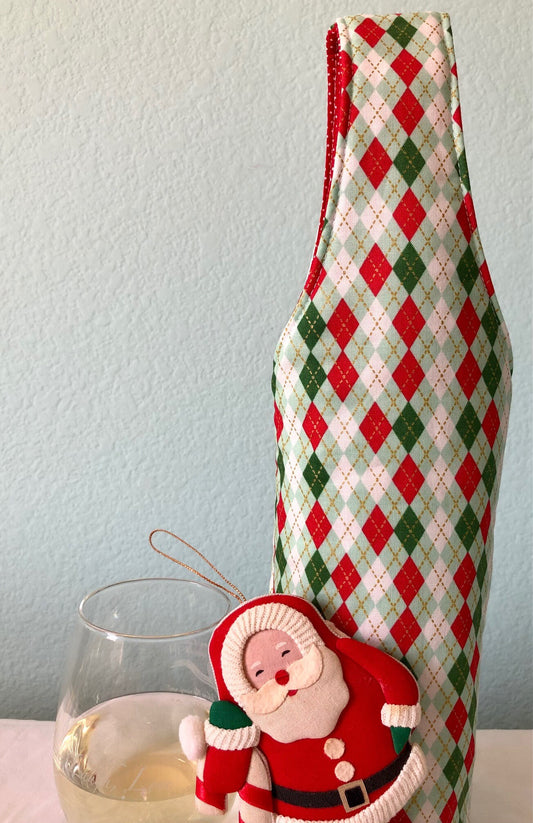 Argyle Plaid Holiday quilted wine bottle carry tote bag