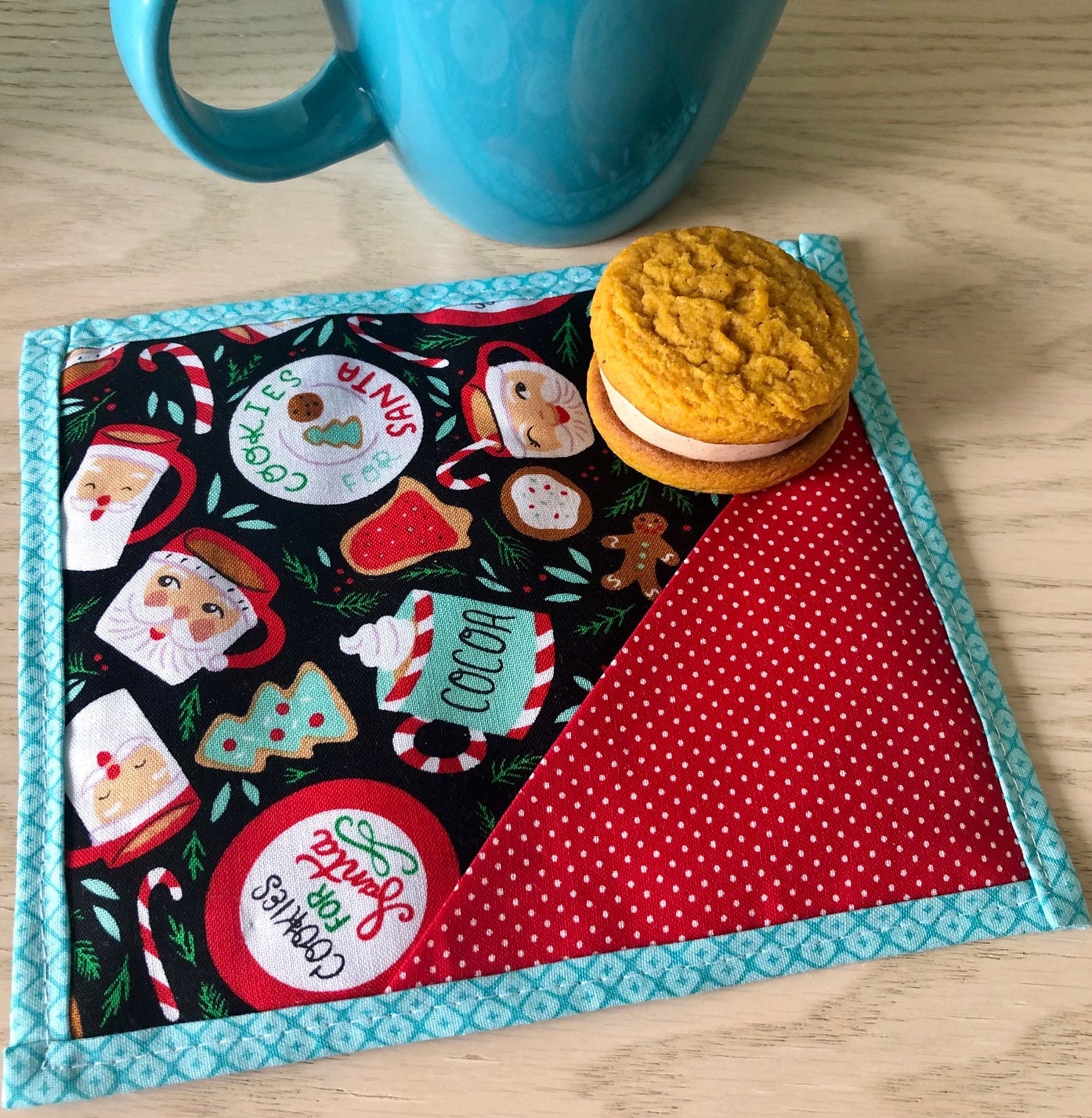 Cookies for Santa Christmas quilted mug mat with treat pocket