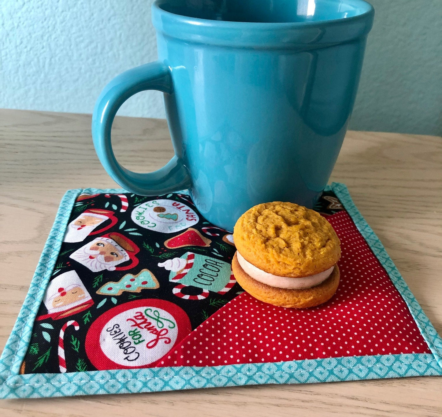 Cookies for Santa Christmas quilted mug mat with treat pocket