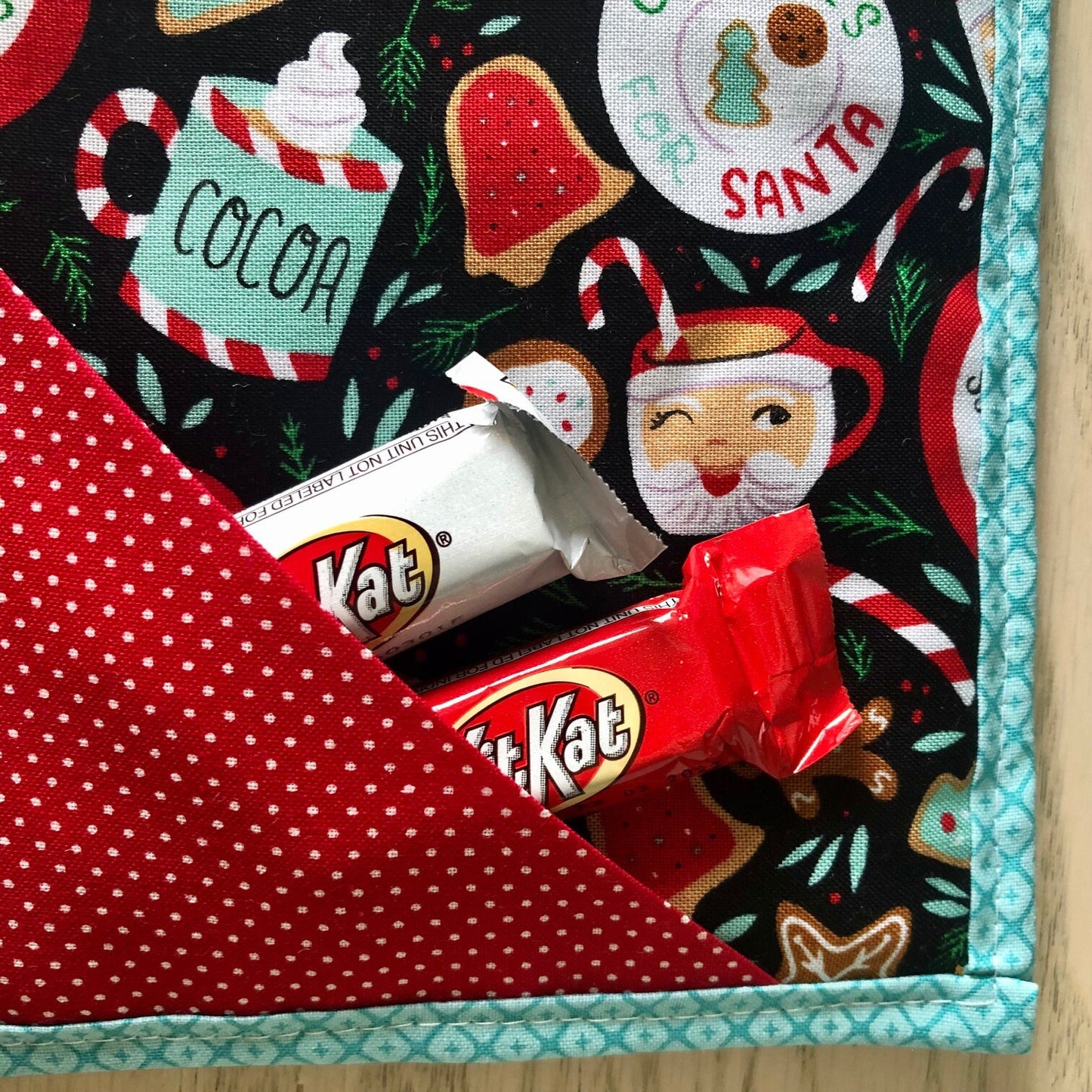 Cookies for Santa Christmas quilted mug mat with treat pocket