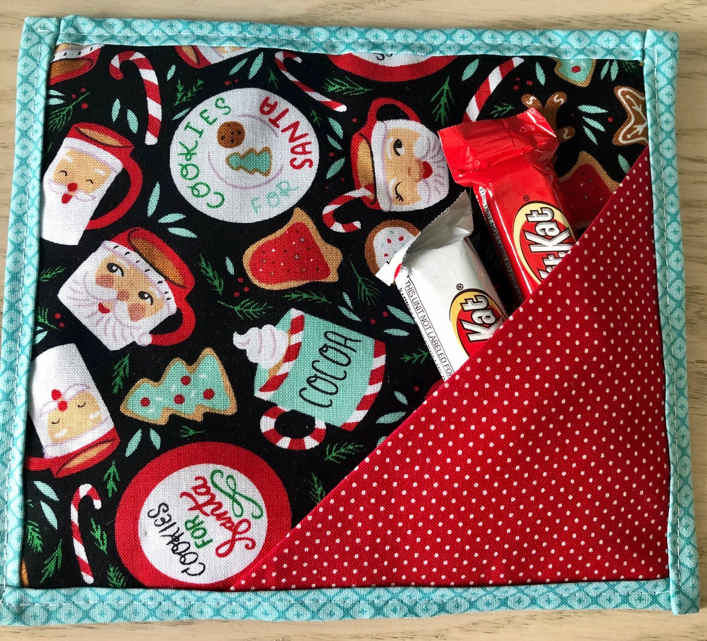 Cookies for Santa Christmas quilted mug mat with treat pocket