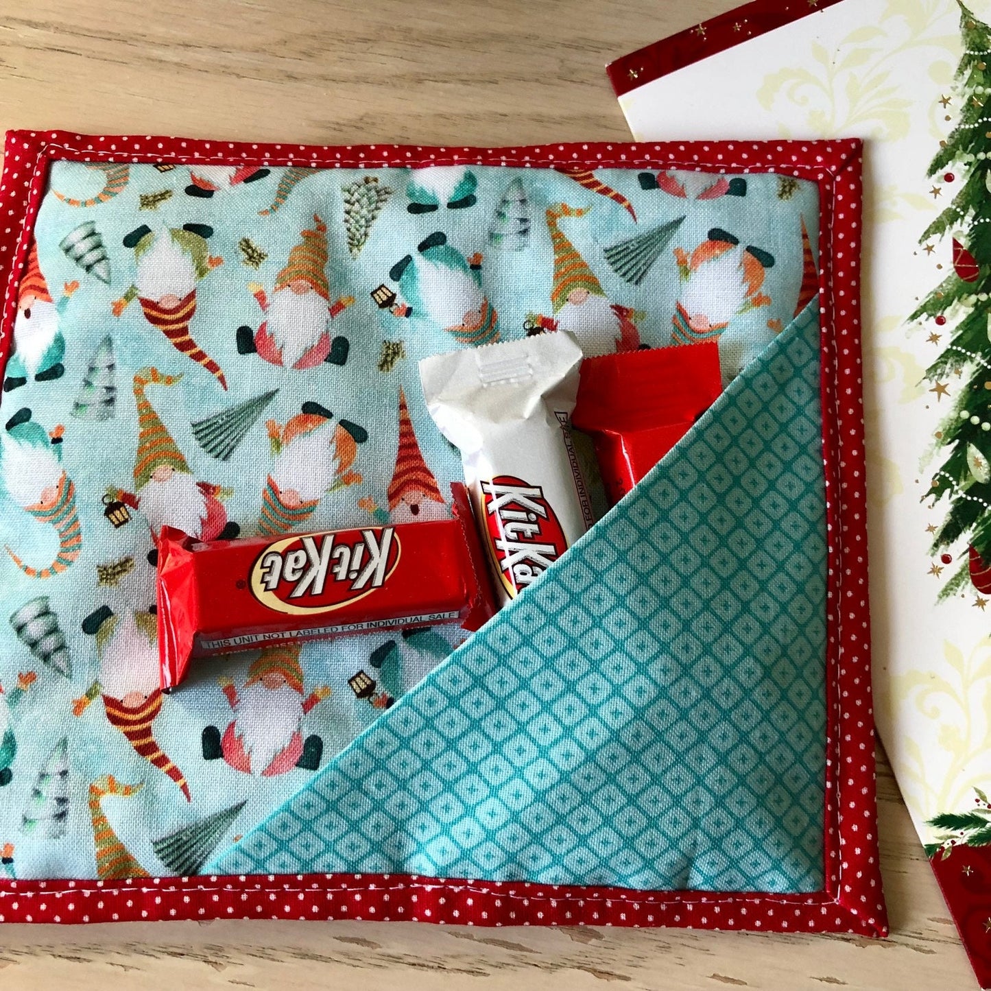 Christmas Gnomes quilted mug mat with treat pocket