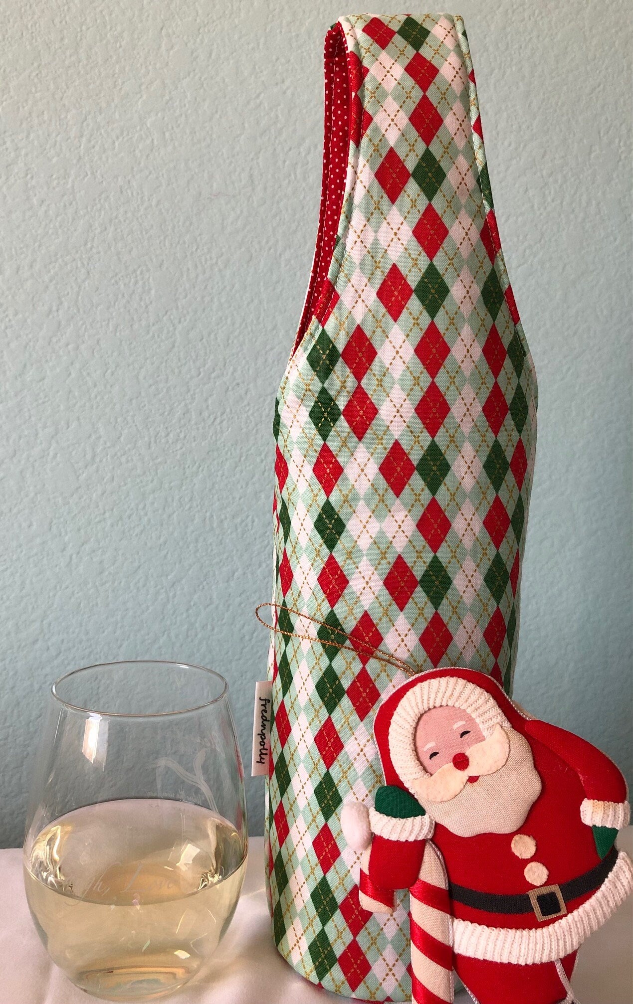 Argyle Plaid Holiday quilted wine bottle carry tote bag