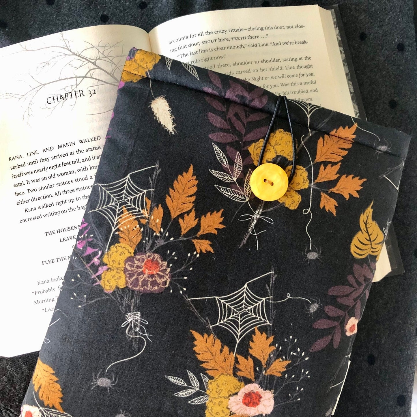 Midnight Garden padded book sleeve | tablet cover | button closure | floral skulls | moths | Halloween bookish gift, pastel goth, forestcore