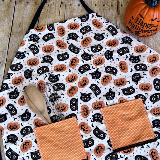 Black Cats, Owls and Pumpkins Halloween adult's adjustable apron with pockets