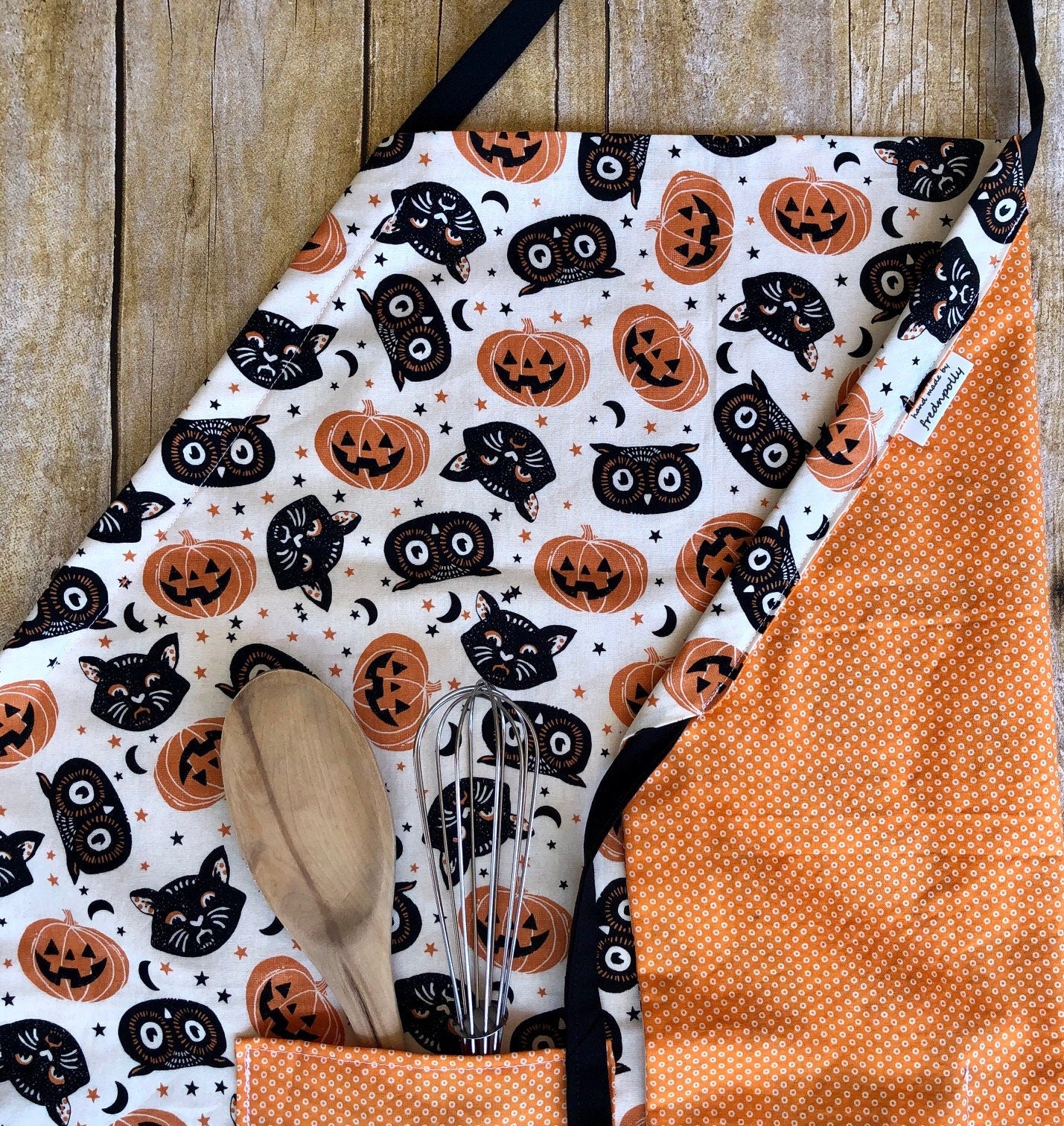 Black Cats, Owls and Pumpkins Halloween adult's adjustable apron with pockets